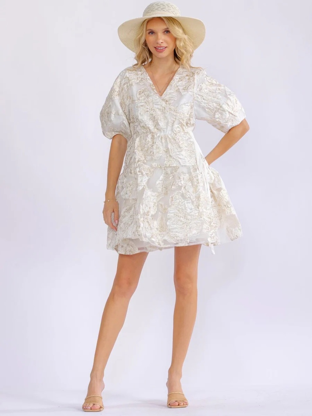 709. JUST ME WOMEN'S SHORT PUFF SLEEVE SHIMMER DETAILED WRAP MINI DRESS